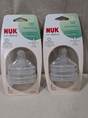 Bundle 2 packs (4 Nipples) NUK Simply Natural Bottle Nipples Silicone Med 1+mos